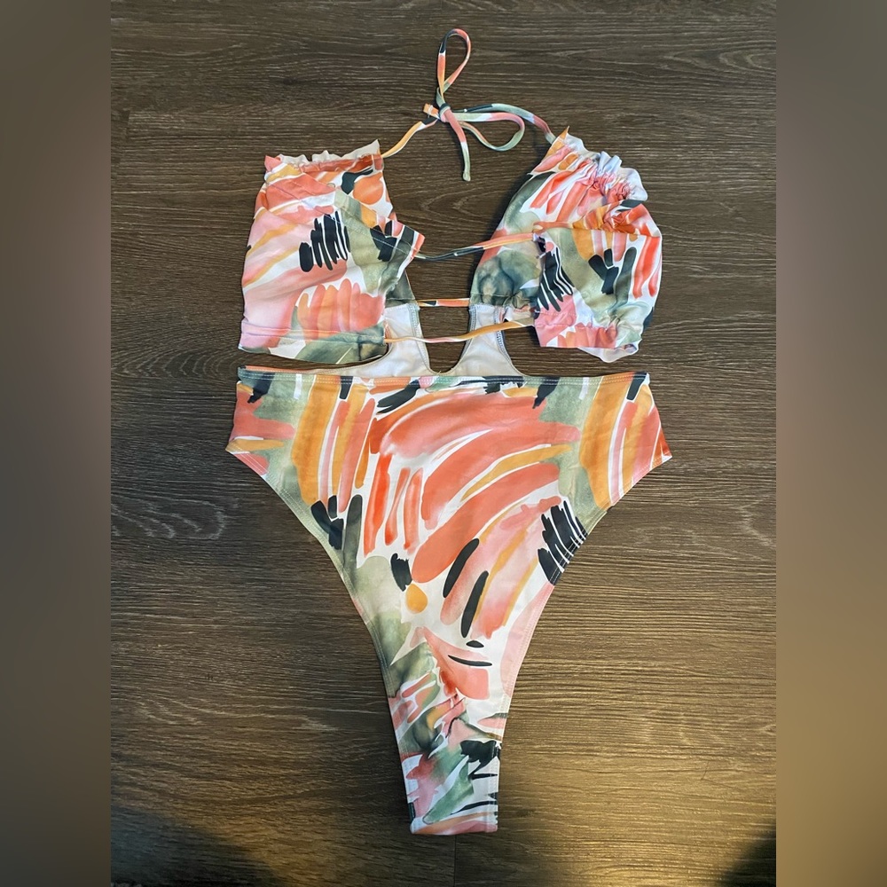 Shein Brush Print Frill Trim Tie Back Halter One Piece Swimsuit. Size- X-Large. - Picture 3 of 5